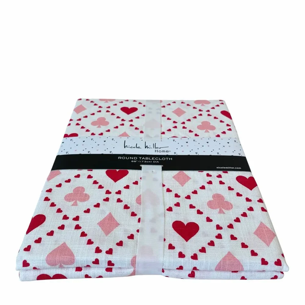 Nicole Miller Queen of Hearts Tablecloth 68in Round Pink Red Valentines Day New